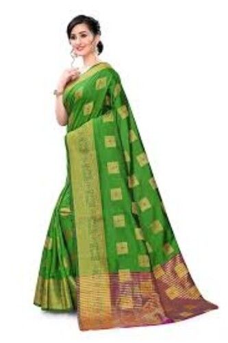 Green With Blouse Piece Stylish Fancy Silky Pallu Geometric Banarasi Cotton Silk Saree