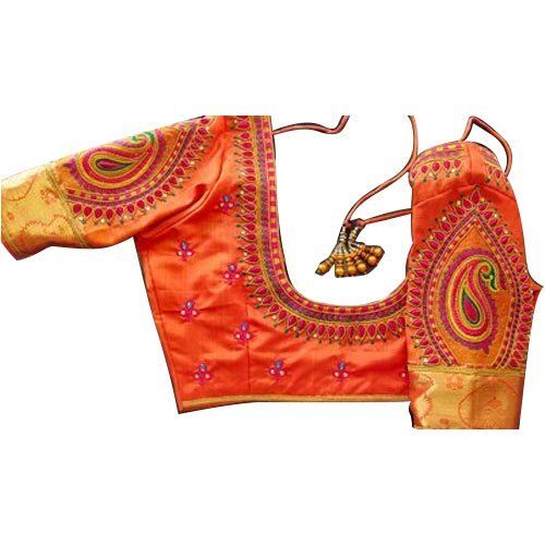 Quick Dry Cotton Orange Mation Embroidery Party Wear Short Sleeve Designer Blouse 