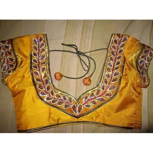 Quick Dry Yellow And Stone Work Silk Ladies Party Wear Designer Blouse 