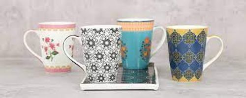 Beautiful Printed Design Bone China Coffee Mugs With Side Handle