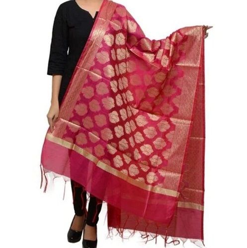 Indian Ladies Stylish Stunning Look Pink And Golden Pure Cotton Fancy Banarasi Dupatta