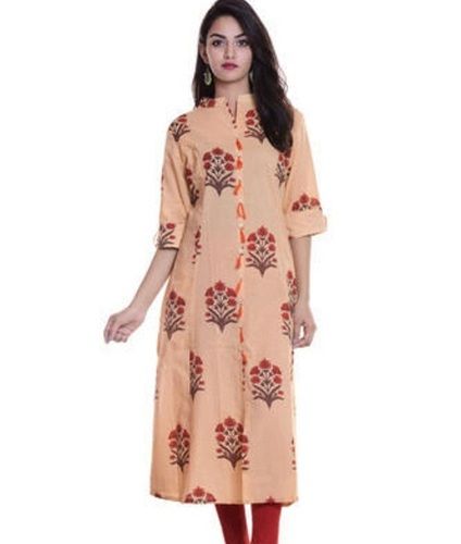 Ladies V Neck 3/4 Sleeves Comfortable And Fancy Soft Cotton Orange Printed Kurta