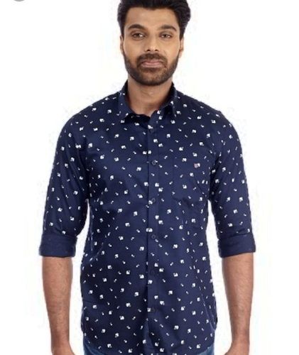 Men Long Sleeves Colloar Neck Skin Friendly Comfortable Soft Cotton Blue Printed Shirts Collar Style: Classic