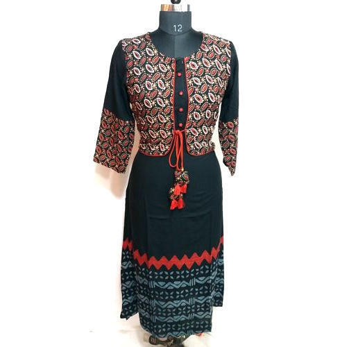 Multicolored Printed Round Neck 3/4th Sleeve Fancy Cotton Jacket Kurtis For Women