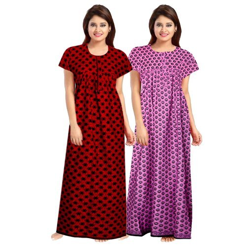 Skin Friendly Cotton Blend Nighty - New Condition Low Breathing Resistance | Printed Pattern Short Sleeves Light Weight Machine Washable for Women