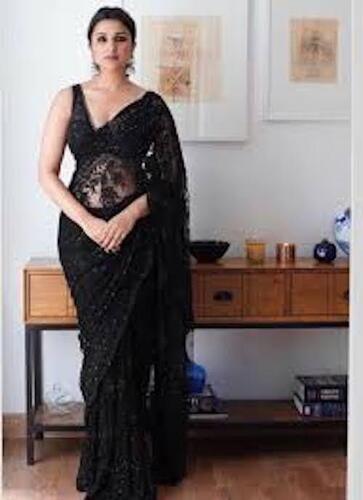 Plain Women Comfortable And Breathable Cotton Silk Black Saree For Daily Wear 