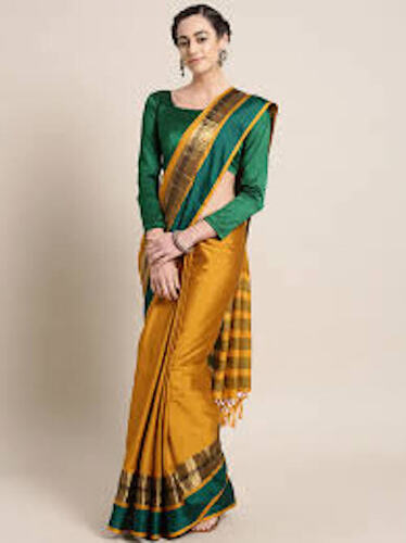 Women Comfortable And Breathable Plain Cotton Silk Yellow Green Saree With Unstitched Blouse