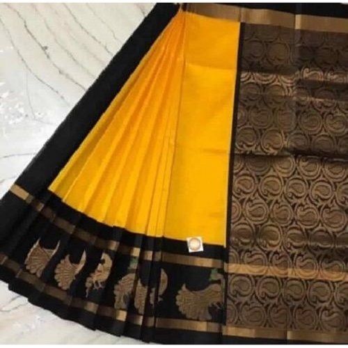 Festival Wear Comfortable Yellow And Black Border Pure Cotton Silk Sarees With Blouse Set