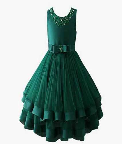 Girls Modern Sleeveless Round Neck Frock - Plain Green Design | Breathable Fabric, Regular Fit, Ideal For Summer Parties