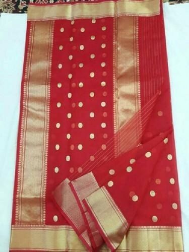 Printed Ladies Beautiful Party Wear Comfortable And Breathable Fancy Red Golden Silk Sarees