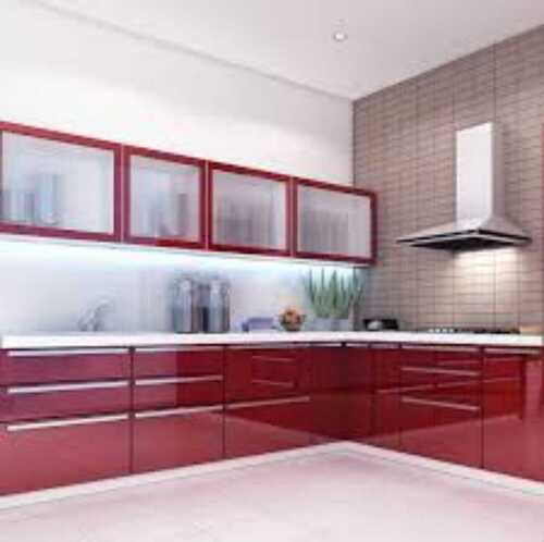 Wood Wooden Modern L Shaped Modular Kitchen, Kitchen Cabinets, Red ...