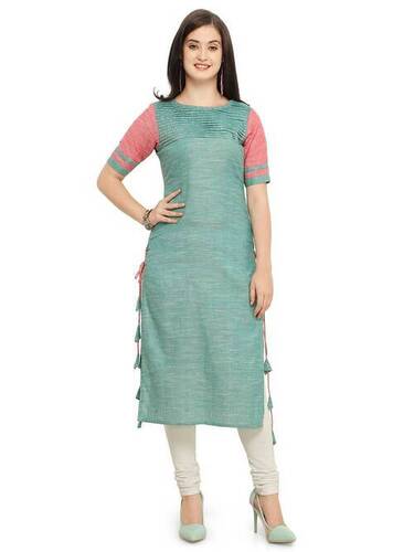 Embroidered Women Comfortable And Breathable Cotton 3/4 Sleeves Green Kurti For Casual Wear