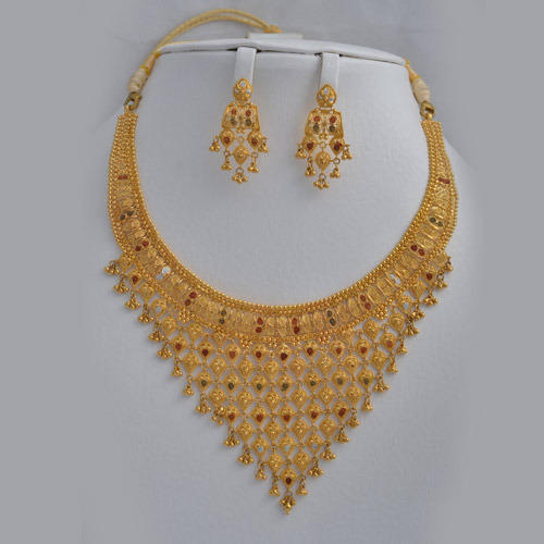 Antique Gold Jewelry Set - Heavy Yellow Gold, Classic Choker Necklace, Chunky Earrings and Bracelet | Elegant Wedding Accessory in Velvet Box with Bride Card