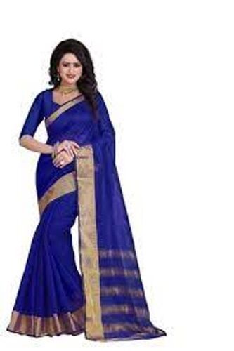 Casual Women'S Printed Beautiful Designer Embroidered Dark Blue Cotton Saree With Zari Border