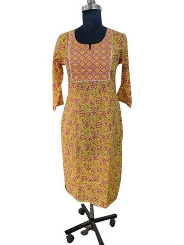 Golden Simple Elagant And Look Beautiful Medium Ladies Yellow Printed Cotton Kurti