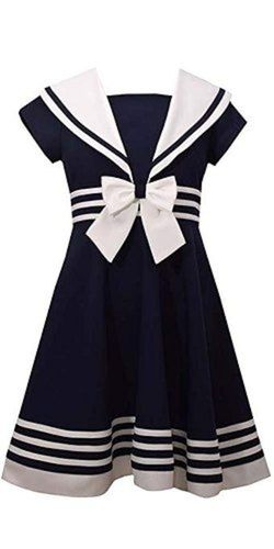 Blue And White Round Neck Half Sleeve Sleek Design Breathable Children Formal Dress