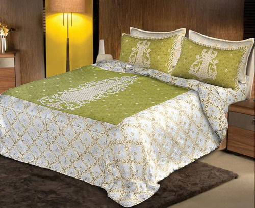 Breathable Green And White Printed Cotton Double Bed Sheet With Two Pillow Cover, Size 111 X 100 Inch 