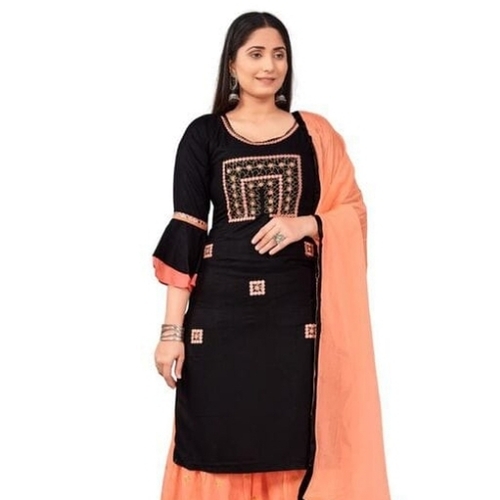 Black Ladies Salwar Suit With Embroidery Work, Round Neck, Dupatta 2.10 Meter