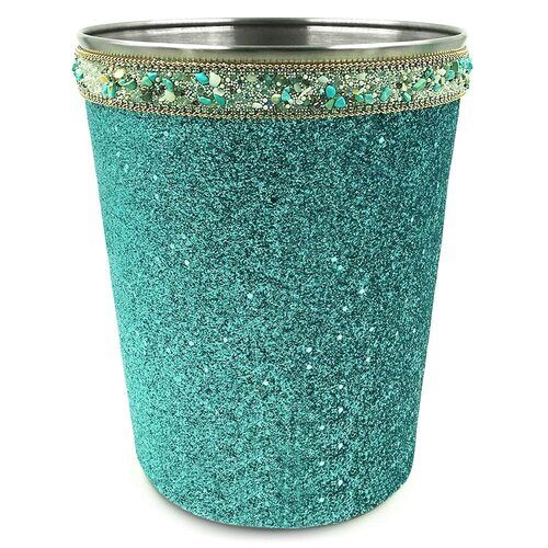 Green Premium Quality Light Weight Glitter Glass Decorative Dustbin 