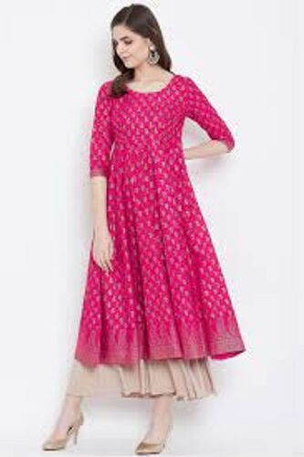 Printed Pink Cotton Anarkali Style Kurti With 38 Centimeter Length