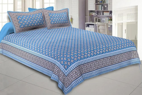 Breathable Sky Blue Printed Cotton Double Bed Sheet With Two Pillow Cover, Size 99 X100 Inch