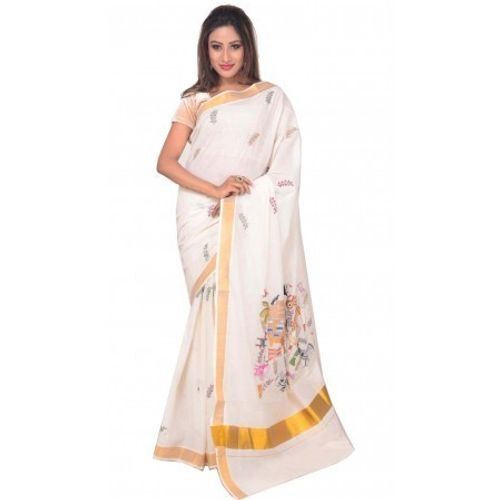 आकर्षक सॉफ्ट फैंटास्टिक लुक वाली सफ़ेद और गोल्डन ज़री कॉटन डिज़ाइनर पार्टी वियर साड़ी