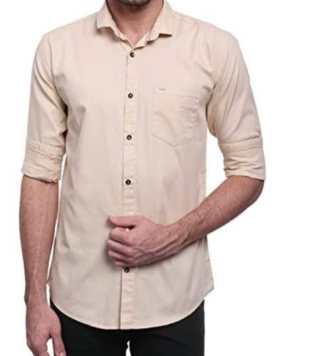 Men Full Sleeves Comfortable And Lightweight Fashionable Cream Casual Shirts Collar Style: Straight