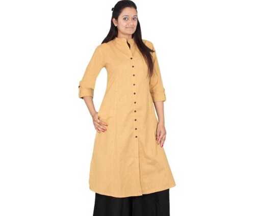 Silk Women Casual Wear 3/4 Sleeves Collar Neck Yellow Straight Button Kurti