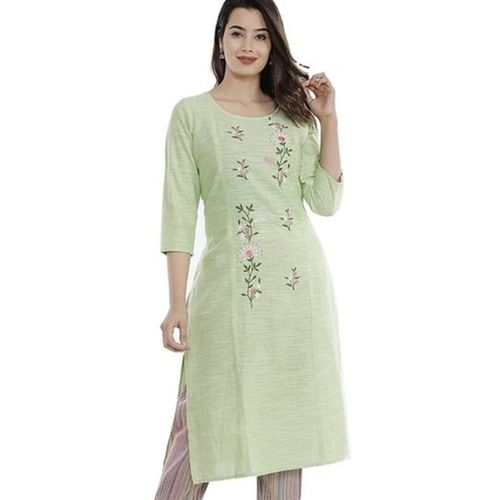 No Fade Women Casual Wear 3/4 Sleeves Round Neck Black Printed Light Green Straight Kurti