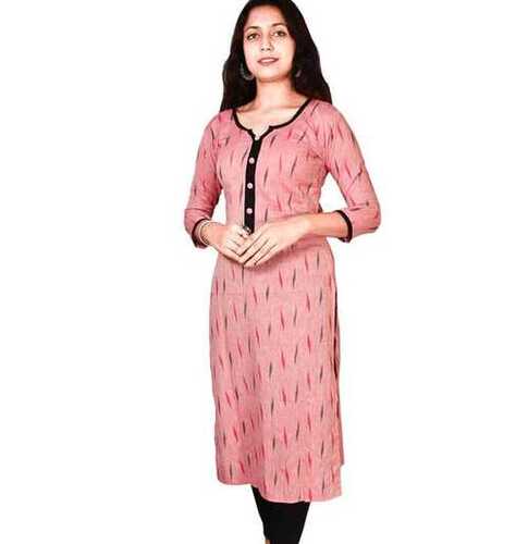 No Fade Women Casual Wear 3/4 Sleeves Round Neck Black Printed Pink Straight Kurti