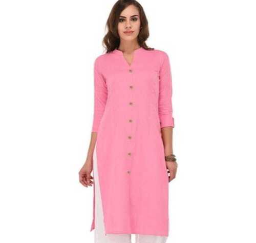 Silk Women Casual Wear Lightweight 3/4 Sleeves V Neck Pink Straight Button Kurti