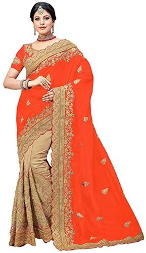 Zari Work Orange Silk Saree - Silk Fabric Elegant Lahenga Style Resam Embroidery | Skin Friendly Shrink Resistant Modern Look
