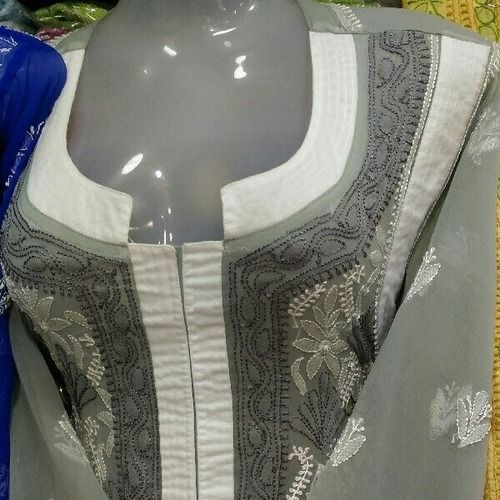 Grey Georgette Chikankari Kurta With Pant & Dupatta Set For Women In Premium Quality