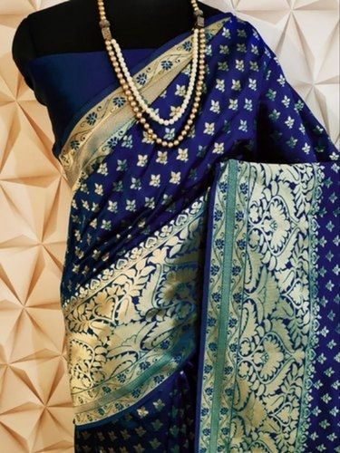 Blue Traditional Elegant Beautiful And Breathable Semi Stitched Party Wear Banarasi Silk Saree For Ladies