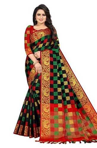 Check Pattern Breathable Comfortable Multicolor Cotton Silk Saree For Party Wear