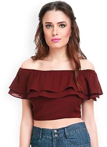 White Chiffon Fabrics Plain Medium Sized Double Layered Style Of Brown Top Design For Ladies