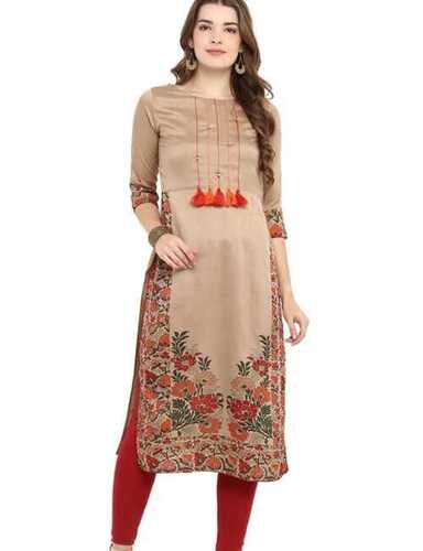 Casual Wear 34th Sleeve Cotton Line Grey And White Color Boat Neck  Straight Kurti For