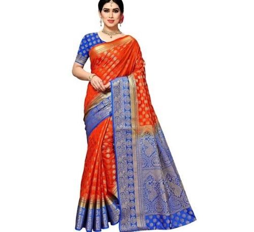 Party Wear Highly Breathable Comfortable Red And Blue Color Printed Cotton Saree For Ladies 