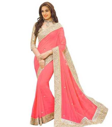 Party Wear Premium Fabric And Quality Pink And Golden Printed Cotton Silks Saree 