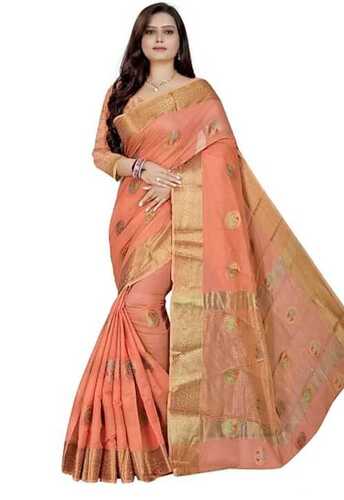 Spring Premium Quality Light Pink And Golden Printed Cotton Saree For Party And Regular Wear