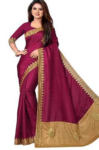 Rainy Purple And Golden Laces Printed Cotton Silk Saree For Party And Casual Wear