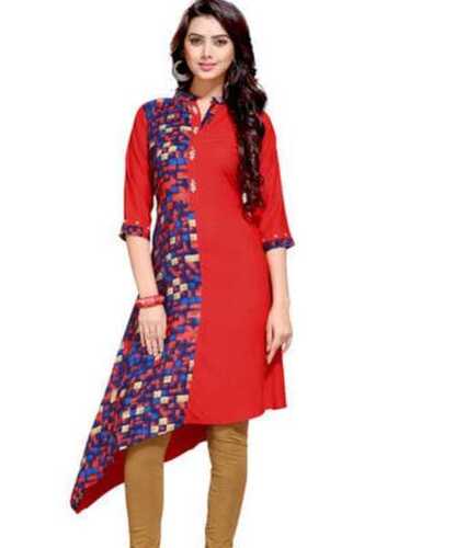 Soft And Lightweight Fabric Red And Yellow With Purple Printed Suits For Ladies