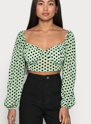 Sweetheart Neck Full Sleeves Chiffon Polka Dotted Pattern Crop Top For Ladies