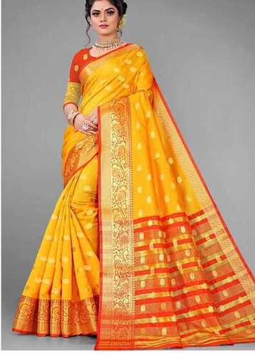 Summer Yellow And Orange Stylist Cotton Silk Printed Ladies Saree For Party Wear