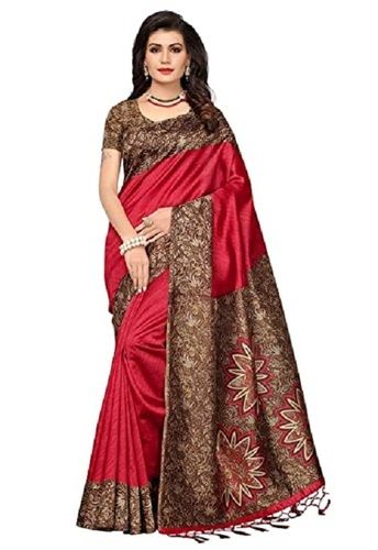 Party Wear Beautiful And Classy Maroon Printed Art Silk Saree With A Blouse Piece 