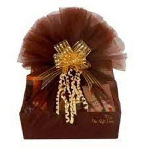 Brown Beautiful Customized Mini Gold Netted Hamper With Chocolates And Dry Fruits 