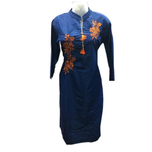 Casual Wear Embroidered Blue Colour Full Sleeve Close Neck Skin Friendly Fancy Kurti For Ladies Decoration Material: Stones