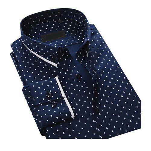 Casual Wear Full Sleeve Collar Neck And Breathable Printed Blue Cotton Shirt For Men