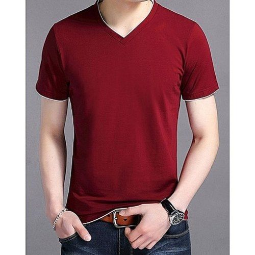 Half Sleeve Plain Brown V Neck Cotton T Shirt For Men
