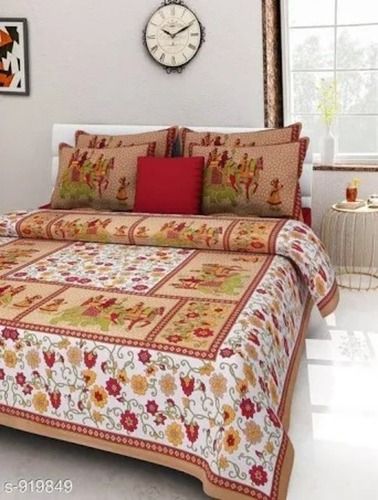 Multicolor Printed Cotton Double Bedsheets With Five Pillow Cover, Comfortable And Washable 